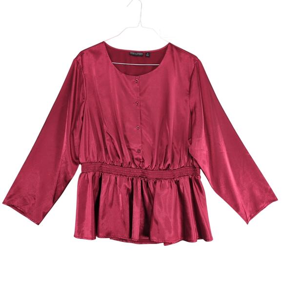 Y2K Pamela Dennis Private Client Women's 3X Burgundy Satin Peplum Blouse Top - Picture 1 of 6